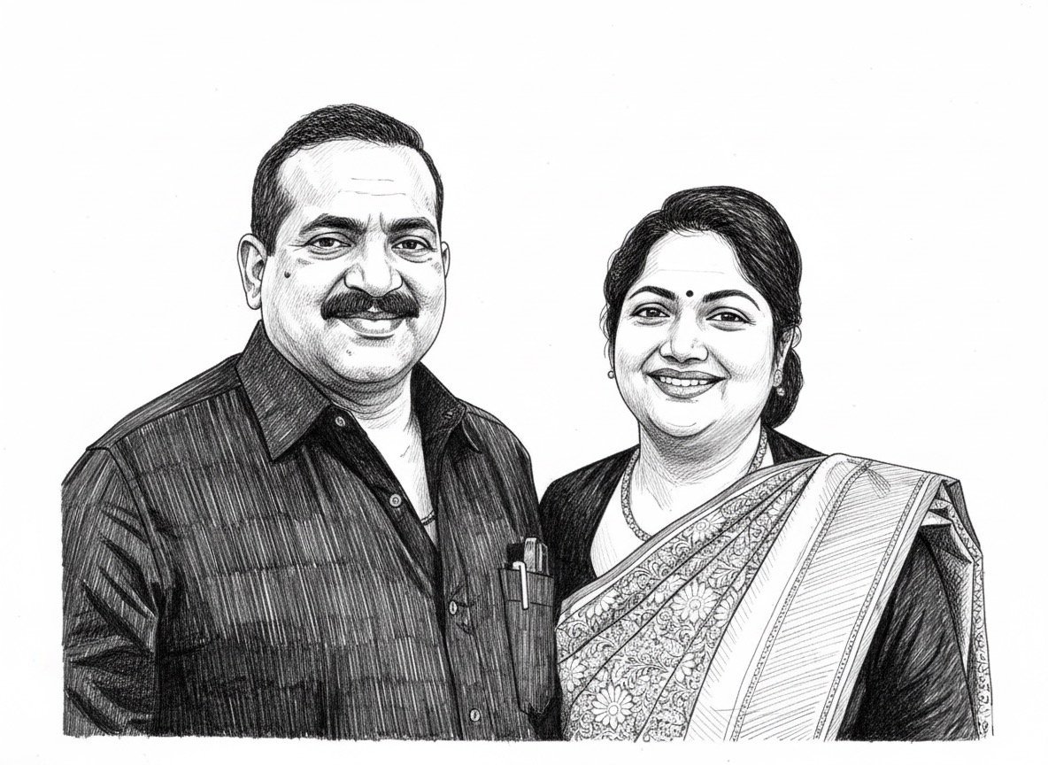 Hand-drawn portrait of Dr. Vincent Chakkiath and Mrs. Sindhu Vincent